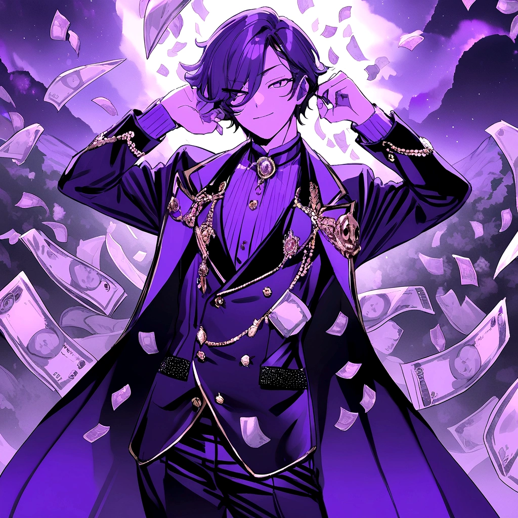 ANIME RICH BOY, WEARING EXPENSIVE CLOTHES, GAMING BACKGROUND, WINKING AT CAMERA, PURPLE THEME, MONEY FLOATING EVERYWHERE