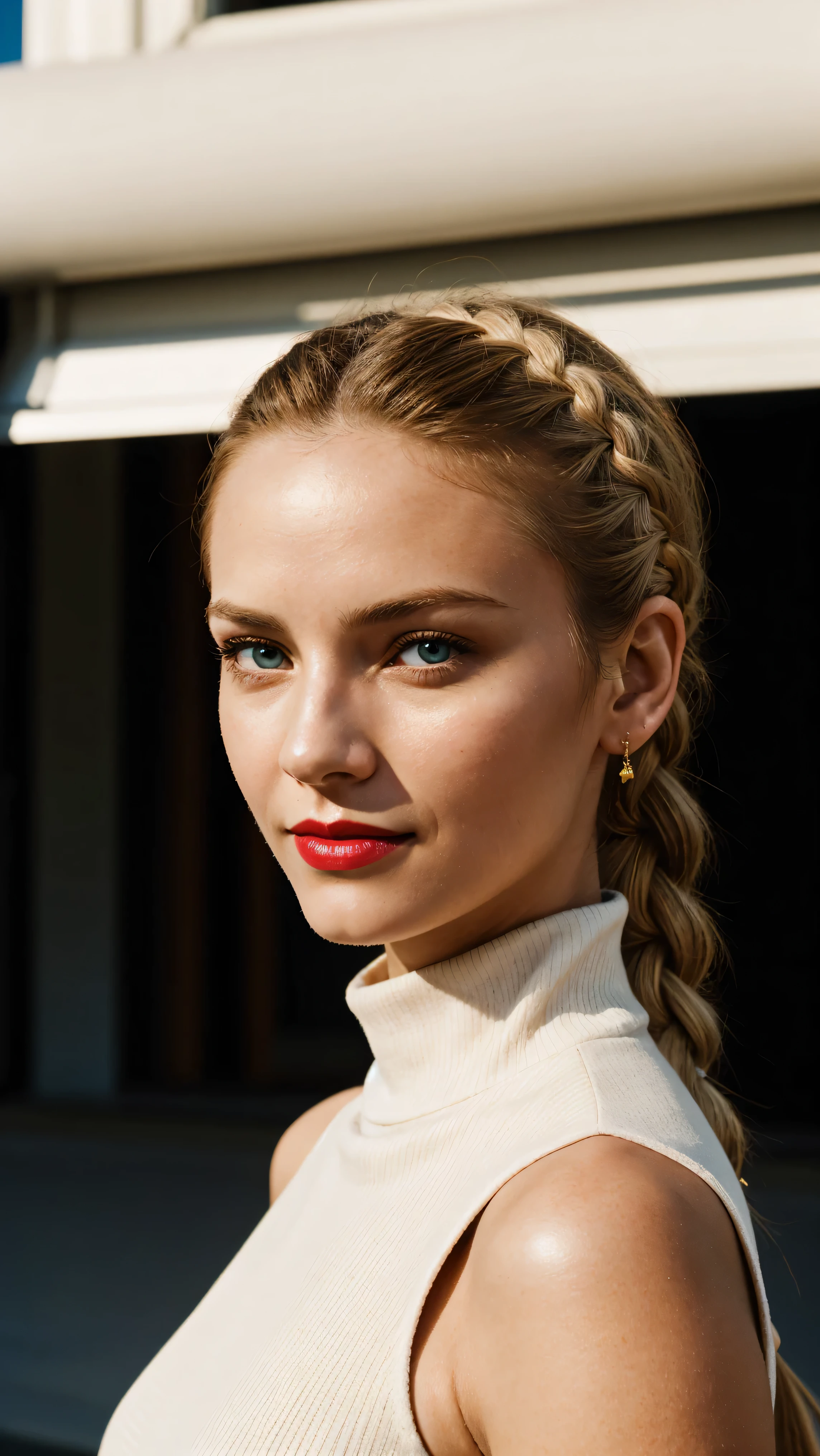 woman, smile, high neck dress, warm light, shadows, Photograph of a 25 year old woman, (ambivalent facial expression), face looking at camera, full face, portrait, faces are visible more, and the eyes look straight, textured leather, goosebumps, ash blonde mermaid with braid, Perfect eyes, realistic skin texture, too much sweat, (ektachrome), Velvia 100 color, shot with Leica T, hips, sharp focus on the subject, shot by Peter Lindbergh, bright, fair, realistic look, toka on forehead, nose jewelry, big lips, red lipstick, pink slip,