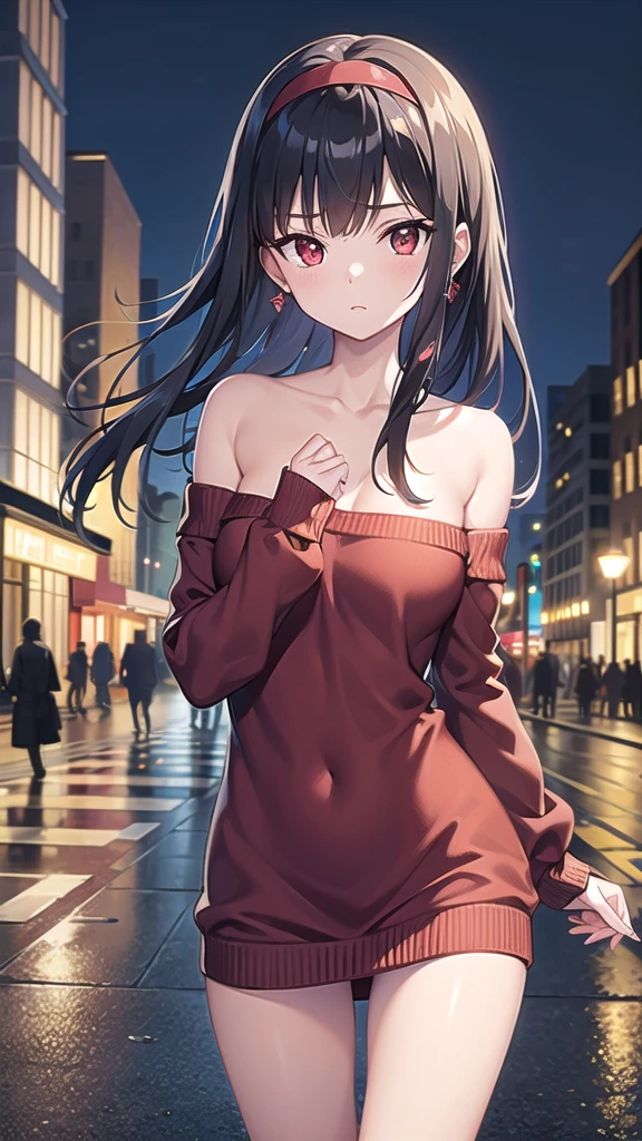 yorbriar, yor briar, black hair, (red eyes:1.5), earrings, gold hairband, hairband, long hair, sidelocks, (medium breasts:1.2),
BREAK bare shoulders, collarbone, dress, long sleeves, off shoulder, off-shoulder dress, off-shoulder sweater, pantyhose, red sweater, sweater, sweater dress, thighs,
BREAK outdoors, city,night,wet road, reflections, on street,
BREAK looking at viewer,
BREAK (masterpiece:1.2), best quality, high resolution, unity 8k wallpaper, (illustration:0.8), (beautiful detailed eyes:1.6), extremely detailed face, perfect lighting, extremely detailed CG, (perfect hands, perfect anatomy),from behind,back view, bend over,upskirt.
