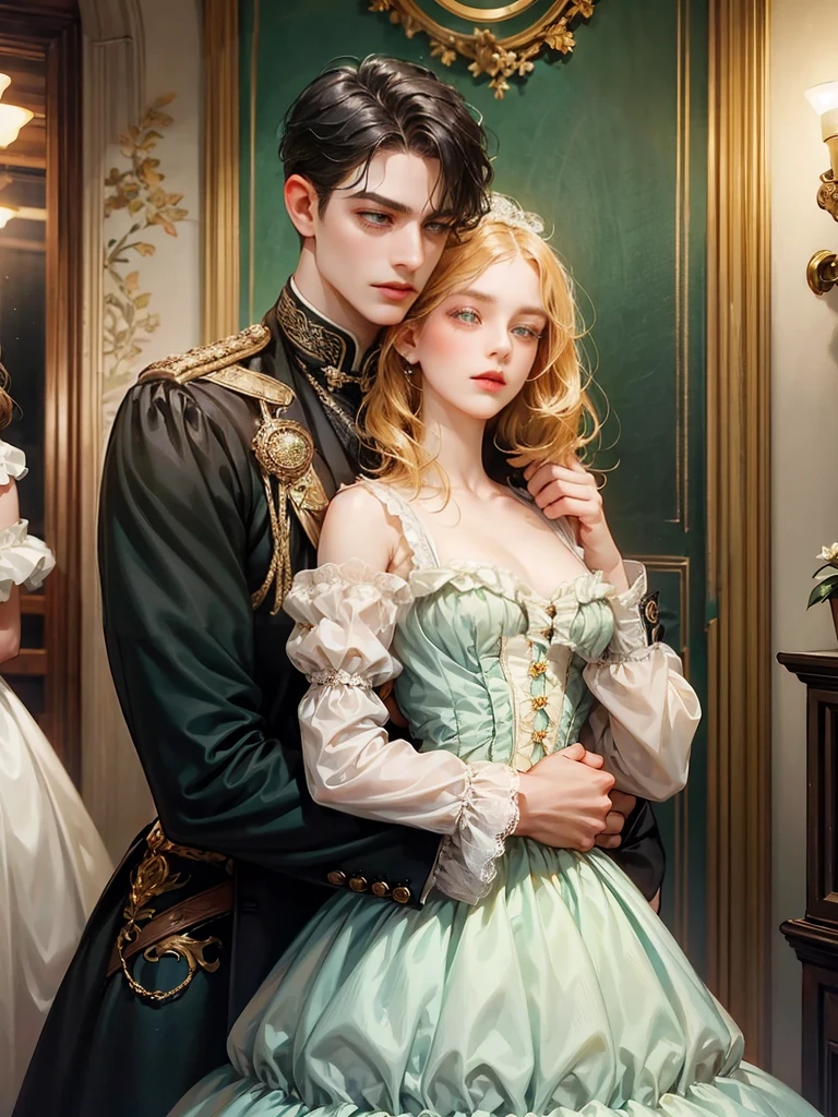 Couple, 1 girl 1 boy. Different hair color, cropped black hair and green eyes, small breast, victorian era unglued dress, short black hair, wavy hair and (sky blu eyes) , male Victorian era dress. They look at the viewers. The hug. Background inside of a hall
