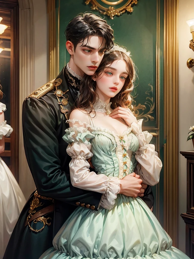 Couple, 1 girl 1 boy. Different hair color, cropped black hair and green eyes, small breast, victorian era unglued dress, short black hair, wavy hair and (sky blu eyes) , male Victorian era dress. They look at the viewers. The hug. Background inside of a hall