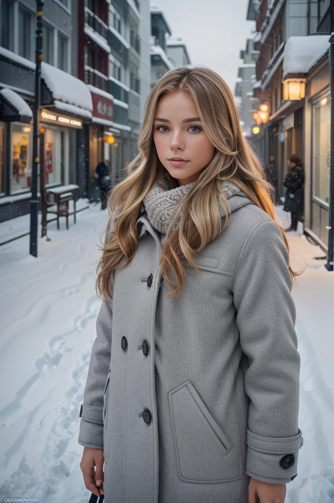professional portrait photograph of a gorgeous Norwegian boy in winter clothing with long wavy blonde hair, sultry flirty look, gorgeous symmetrical face, cute natural makeup, wearing elegant warm winter fashion clothing, ((standing outside in snowy city street)), stunning modern urban environment, ultra realistic, concept art, elegant, highly detailed, intricate, sharp focus, depth of field, f/1. 8, 85mm, medium shot, mid shot, (((professionally color graded))), bright soft diffused light, (volumetric fog), trending on anime