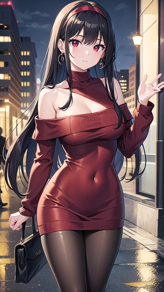 yorbriar, yor briar, black hair, (red eyes:1.5), earrings, gold hairband, hairband, long hair, sidelocks, (medium breasts:1.2),
BREAK bare shoulders, collarbone, dress, long sleeves, off shoulder, off-shoulder dress, off-shoulder sweater, pantyhose, red sweater, sweater, sweater dress, thighs,
BREAK outdoors, city,night,wet road, reflections, on street,
BREAK looking at viewer,
BREAK (masterpiece:1.2), best quality, high resolution, unity 8k wallpaper, (illustration:0.8), (beautiful detailed eyes:1.6), extremely detailed face, perfect lighting, extremely detailed CG, (perfect hands, perfect anatomy),full body,sexy pose.