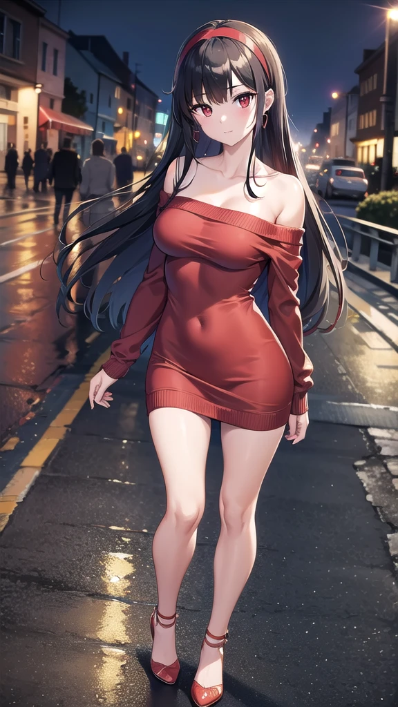 yorbriar, yor briar, black hair, (red eyes:1.5), earrings, gold hairband, hairband, long hair, sidelocks, (medium :1.2),
BREAK bare shoulders, collarbone, dress, long sleeves, off shoulder, off-shoulder dress, off-shoulder sweater, pantyhoed sweater, sweater, sweater dress, thighs,
BREAK outdoors, city,night,wet road, reflections, on street,
BREAK looking at viewer,
BREAK (masterpiece:1.2), best quality, high resolution, unity 8k wallpaper, (illustration:0.8), (beautiful detailed eyes:1.6), extremely detailed face, perfect lighting, extremely detailed CG, (perfect hands, perfect anatomy),full body,sexy pose.
