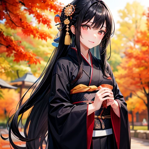 A woman with long black hair wearing a kimono is holding sushi