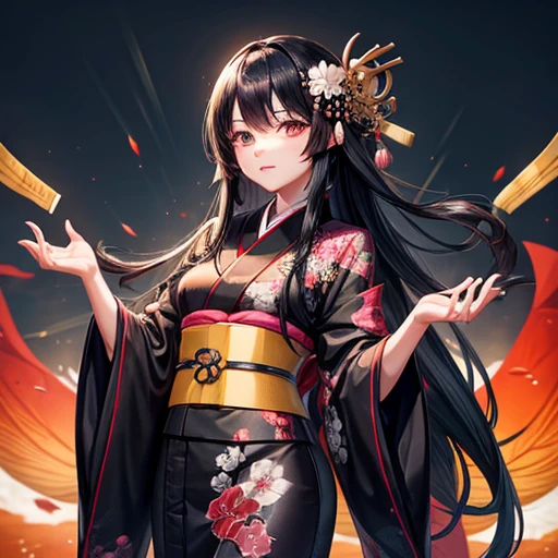 A woman with long black hair wearing a kimono is holding sushi