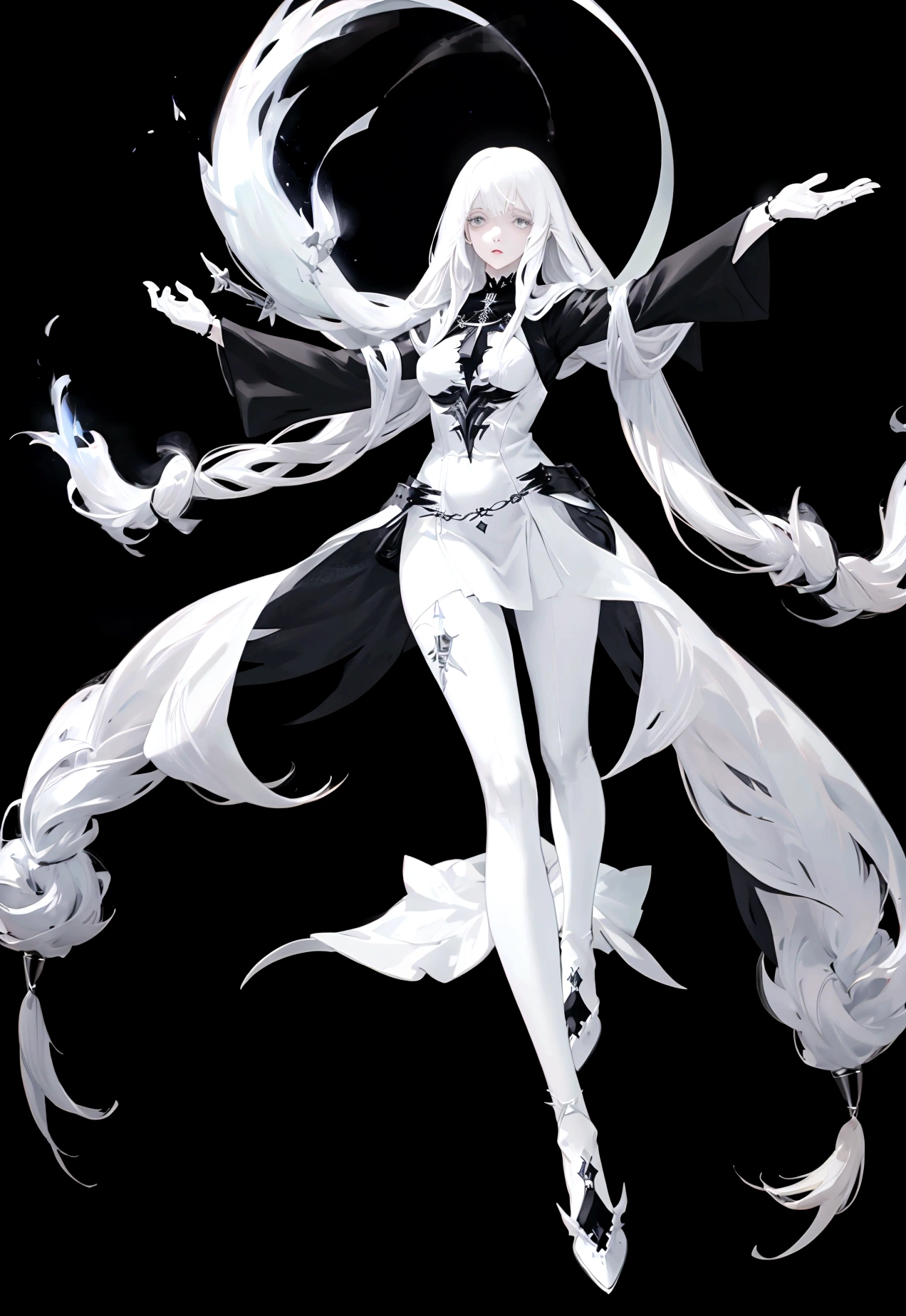 Character (adult woman) (white long hair) (white witch-style clothing) (character in dynamic pose) (full body) (black background)