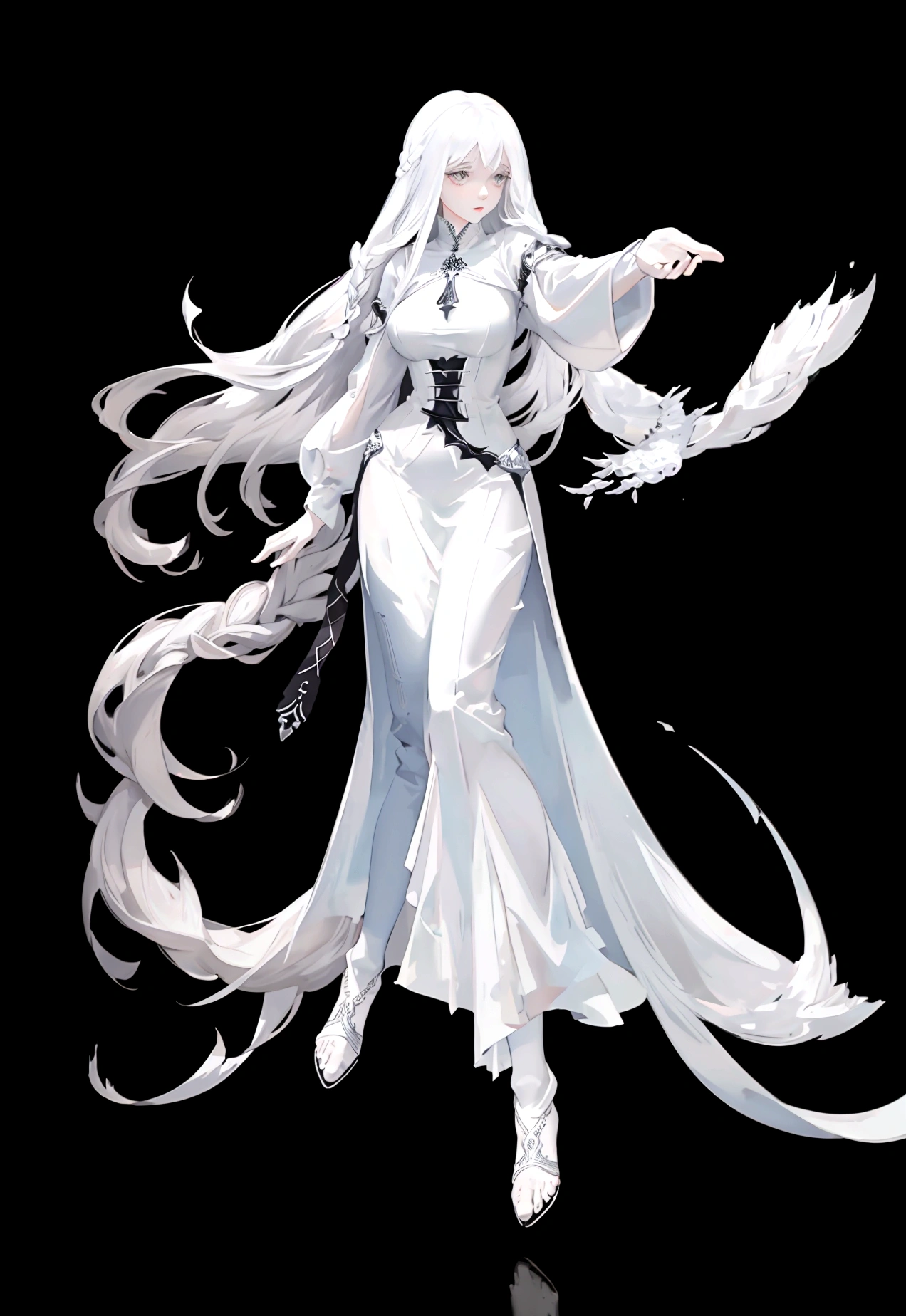 Character (adult woman) (white long hair) (white witch-style clothing) (character in dynamic pose) (full body) (black background)