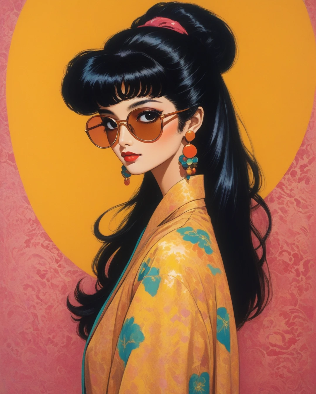 amano yoshitaka, A Saudi Arabian woman, black hair, brown eyes, light brown tan skin, clad in vibrant 1980's fashion, stands against a backdrop dripping with retro aesthetic. Her outfit exudes bold colors and patterns typical of the era, while her accessories, from oversized sunglasses to chunky jewelry, scream vintage glamour. The image, perhaps a photograph, captures her in a pose that exudes confidence and style. Every detail, from the teased hair to the shoulder pads, is meticulously rendered, inviting the viewer to immerse themselves in the nostalgic allure of the bygone decade.