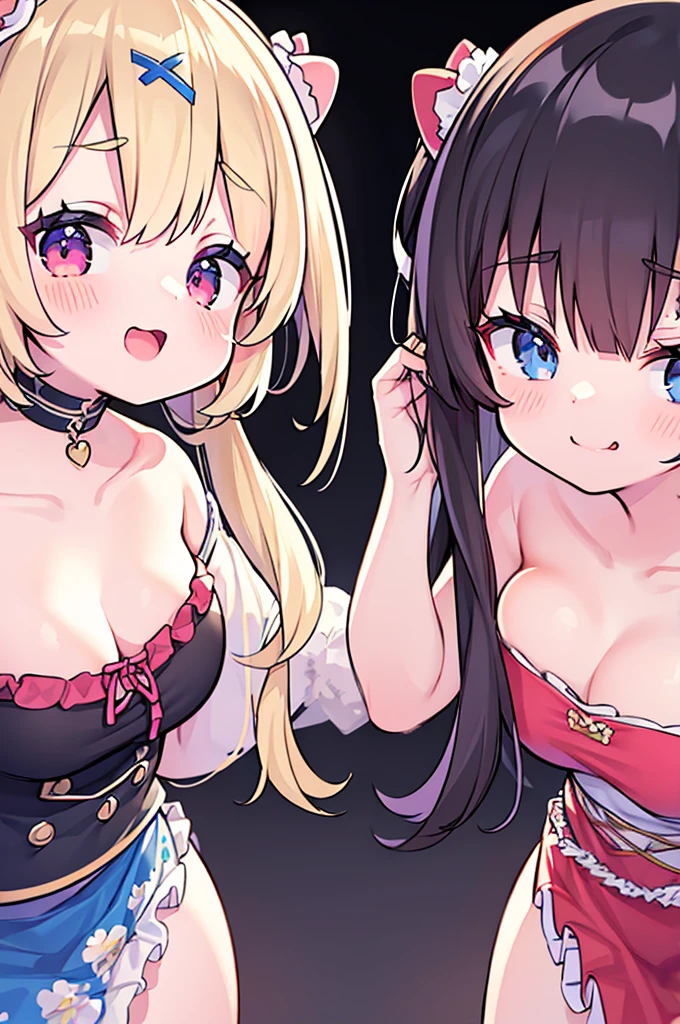 Cute two girls with skirt belly punch in the corner of the ring,((masterpiece)),long hair,beautiful white skin、 ((charming))、happy smile、perfect proportions、(((Kickboxing)))、(((Mixed wrestling))), cute woman, baby face, BREAK source_anime, high detail, looking at viewer,POV, large chest, best quality, highly detailed, young face, white background,Droopy eyes,relaxed face,attacking girls,frilly skirt,heart hair ornament,Fist,hime cut,black long hair