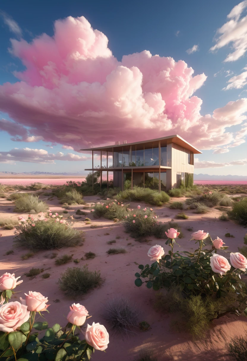 Summer, desert, ((no house)), pink clouds, a land overgrown with roses, James Gurney, art station rendering, ultra-wide lens, high definition