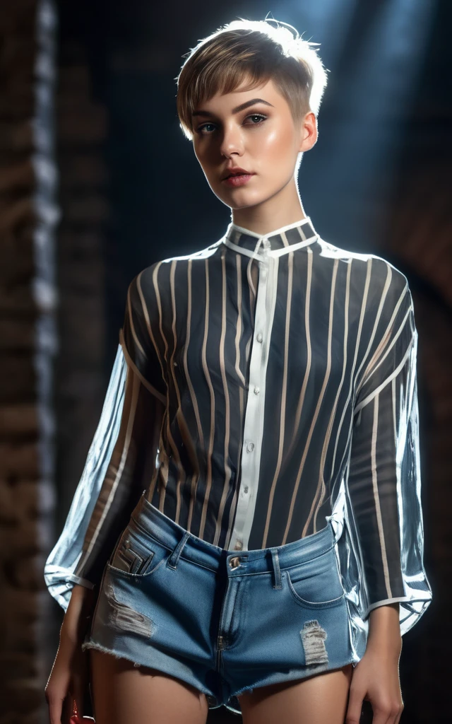 top quality, masterpiece, A high resolution, 8 k, (((thin girl in a huge transparent shirt with a bare back and shorts, Wide neckline, small firm breasts, beautiful detailed eyes, no lipstick, very detailed face, asymmetrical pixie haircut, small hips, in a sex dungeon, dim light from behind, Behind your back)))