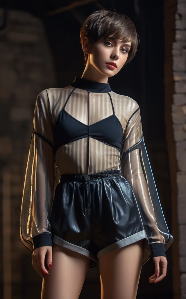 top quality, masterpiece, A high resolution, 8 k, (((thin girl in a huge transparent shirt with a bare back and shorts, Wide neckline, small firm breasts, beautiful detailed eyes, no lipstick, very detailed face, asymmetrical pixie haircut, small hips, in a sex dungeon, dim light from behind, Behind your back)))