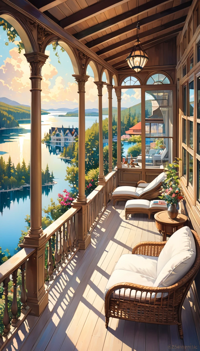 large bookstore with many details, large open terrace with views of a beautiful lake with dream houses, on the terrace a sexy girl relaxes (art inspired by Bill Sienkiewicz). oil painting)