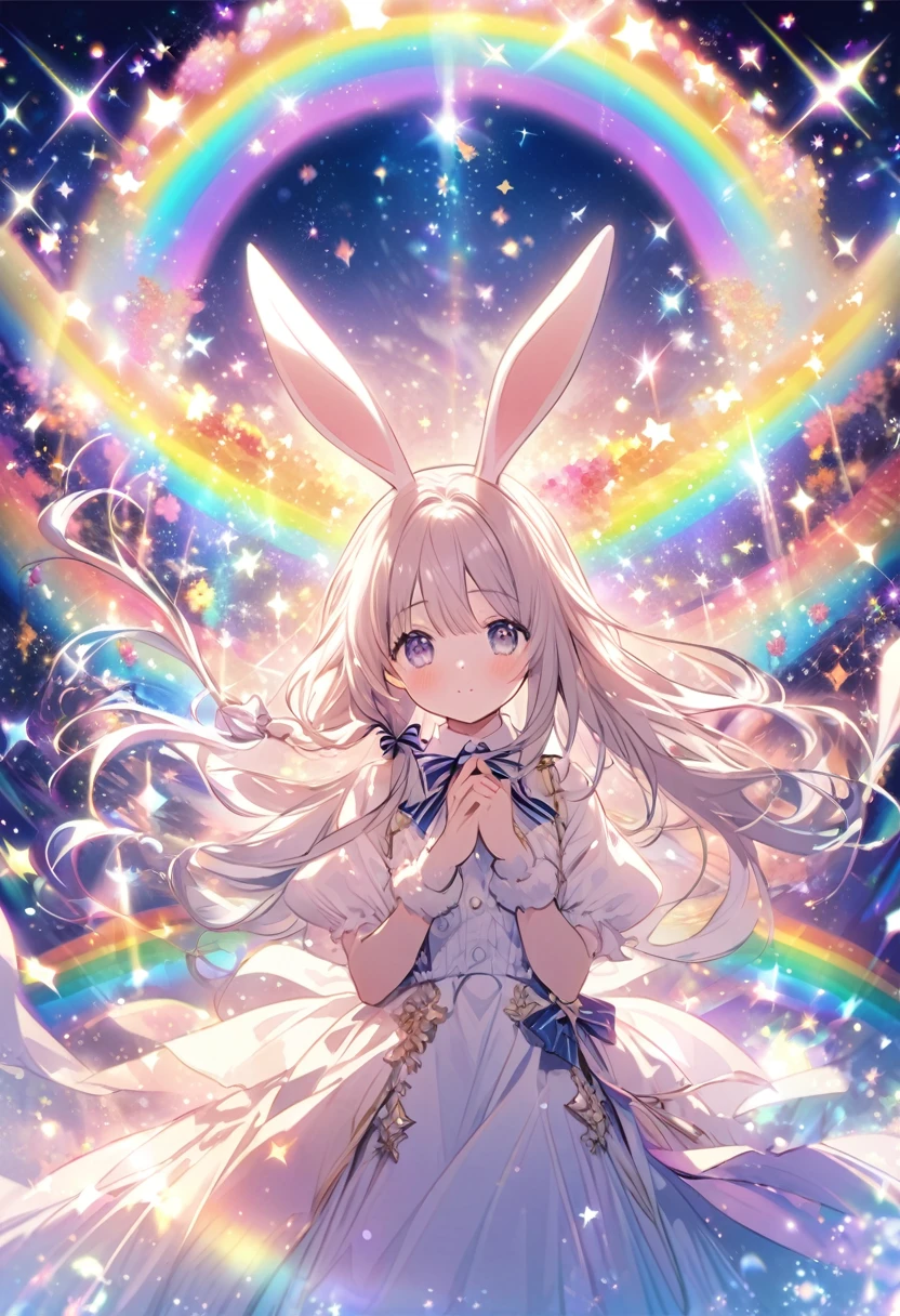 「A character with rabbit ears and long hair tied with a ribbon, Surrounded by magical rainbows and sparkles, Against a bright and shining fantasy background.&quot;He&#39;s holding a stuffed rabbit in both hands.