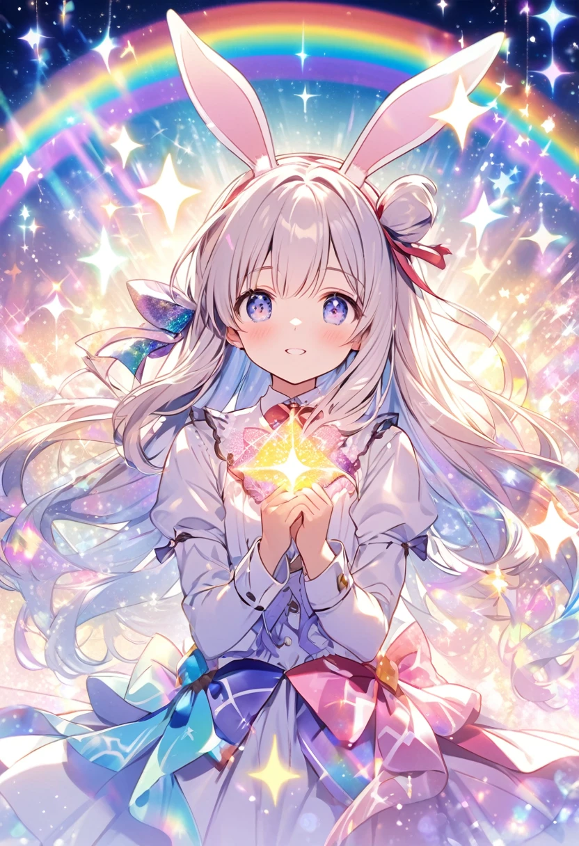 「A character with rabbit ears and long hair tied with a ribbon, Surrounded by magical rainbows and sparkles, Against a bright and shining fantasy background.&quot;He&#39;s holding a stuffed rabbit in both hands.
