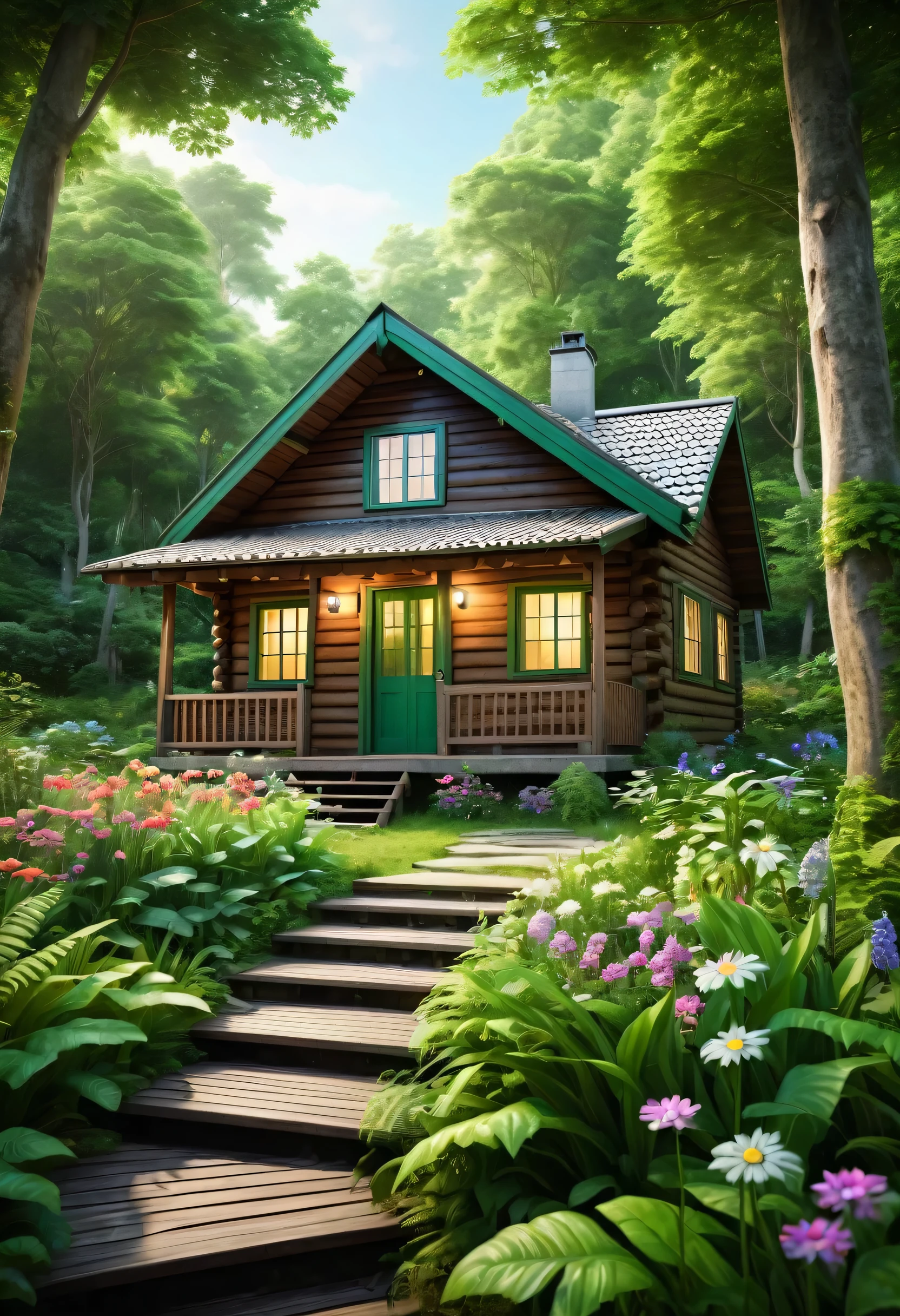 A small wooden cabin in the middle of a lush green forest. The cabin has a porch and a garden with flowers and plants. The mood is peaceful and serene. The art style is realistic. The camera is positioned at a low angle, looking up at the cabin. The colors are vibrant and the lighting is bright.