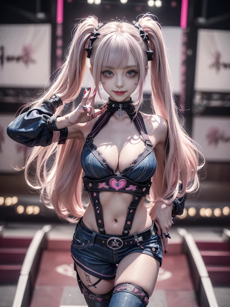 (Full Body View:1.2)、(lotus position:1.1)、(Smiling with teeth showing:1.3),(Shibuya Gal:1.5)、(Gothic ta style fashion:1.5)、(Punk RockVisual Kei:1.5)、(Wearing a rhythmic gymnastics bodysuit with intricate details:1.4)、(Racing suit and pants with intricate decorations in magenta, denim and wine red:1.5)、(Red, brown and white boots:1.3)、((belt))、(Numerous delicate logo marks all over the costume:1.4)、(collar:1.3)、(Striped underwear:1.5)、20-year-old、NSFW、((Highest quality、In 8K、masterpiece:1.3))、Sharp focus:1.2、(Layered Cut、Huge boobs:1.1),Beautiful woman with perfect figure:1.4、(Dancing vigorously:1.3)、Slender Abs:1.2、Highly detailed face and skin texture、Detailed eyes、double eyelid,(Twin tails:1.3)、(Pink and cream hair:1.3)、Gravure idol、(The background is the stage of the fashion show:1.3)、(Slim body:1.3),(Make your legs thinner:1.4),(clavicle:1.1)、(Thin and slim thighs:1.3)
