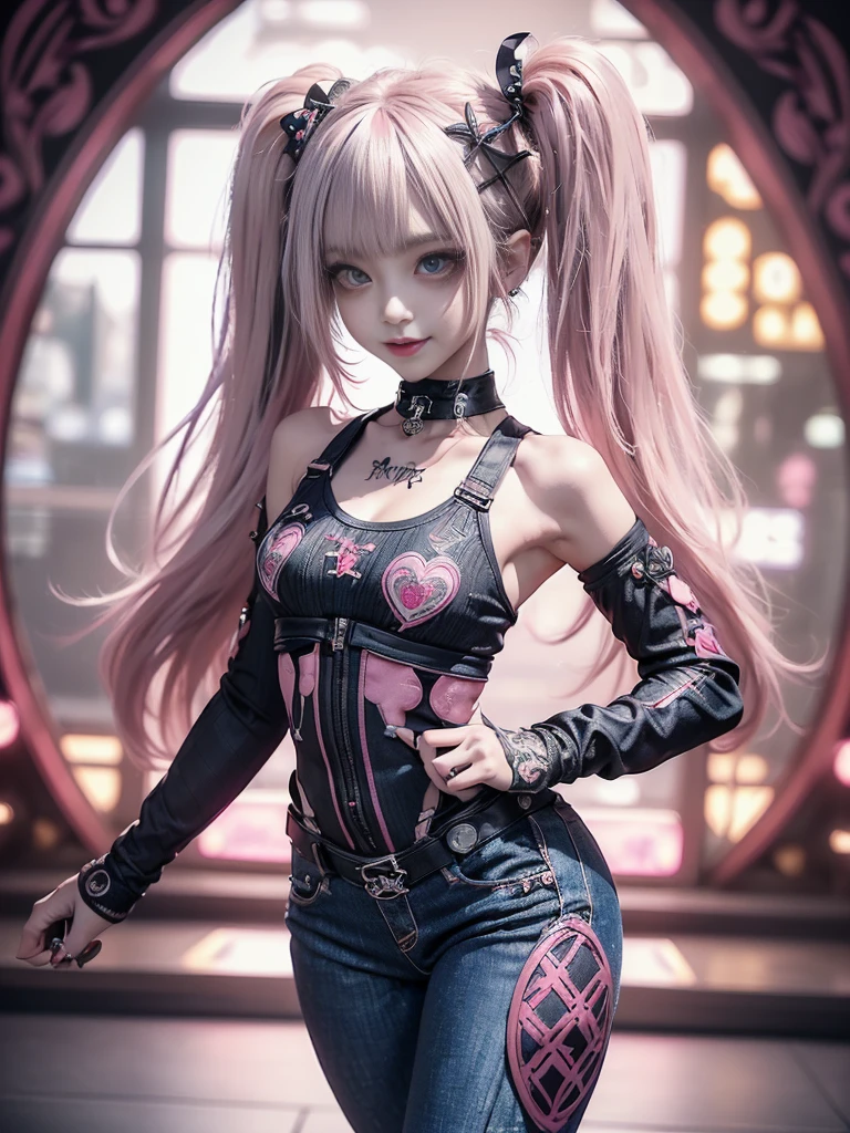 (Full Body View:1.2)、(lotus position:1.1)、(Smiling with teeth showing:1.3),(Shibuya Gal:1.5)、(Gothic Lolita style fashion:1.5)、(Punk RockVisual Kei:1.5)、(Wearing a rhythmic gymnastics bodysuit with intricate details:1.4)、(Racing suit and pants with intricate decorations in magenta, denim and wine red:1.5)、(Red, brown and white boots:1.3)、((belt))、(Numerous delicate logo marks all over the costume:1.4)、(collar:1.3)、(Striped underwear:1.5)、20-year-old、NSFW、((Highest quality、In 8K、masterpiece:1.3))、Sharp focus:1.2、(Layered Cut、Huge boobs:1.1),Beautiful woman with perfect figure:1.4、(Dancing vigorously:1.3)、Slender Abs:1.2、Highly detailed face and skin texture、Detailed eyes、double eyelid,(Twin tails:1.3)、(Pink and cream hair:1.3)、Gravure idol、(The background is the stage of the fashion show:1.3)、(Slim body:1.3),(Make your legs thinner:1.4),(clavicle:1.1)、(Thin and slim thighs:1.3)