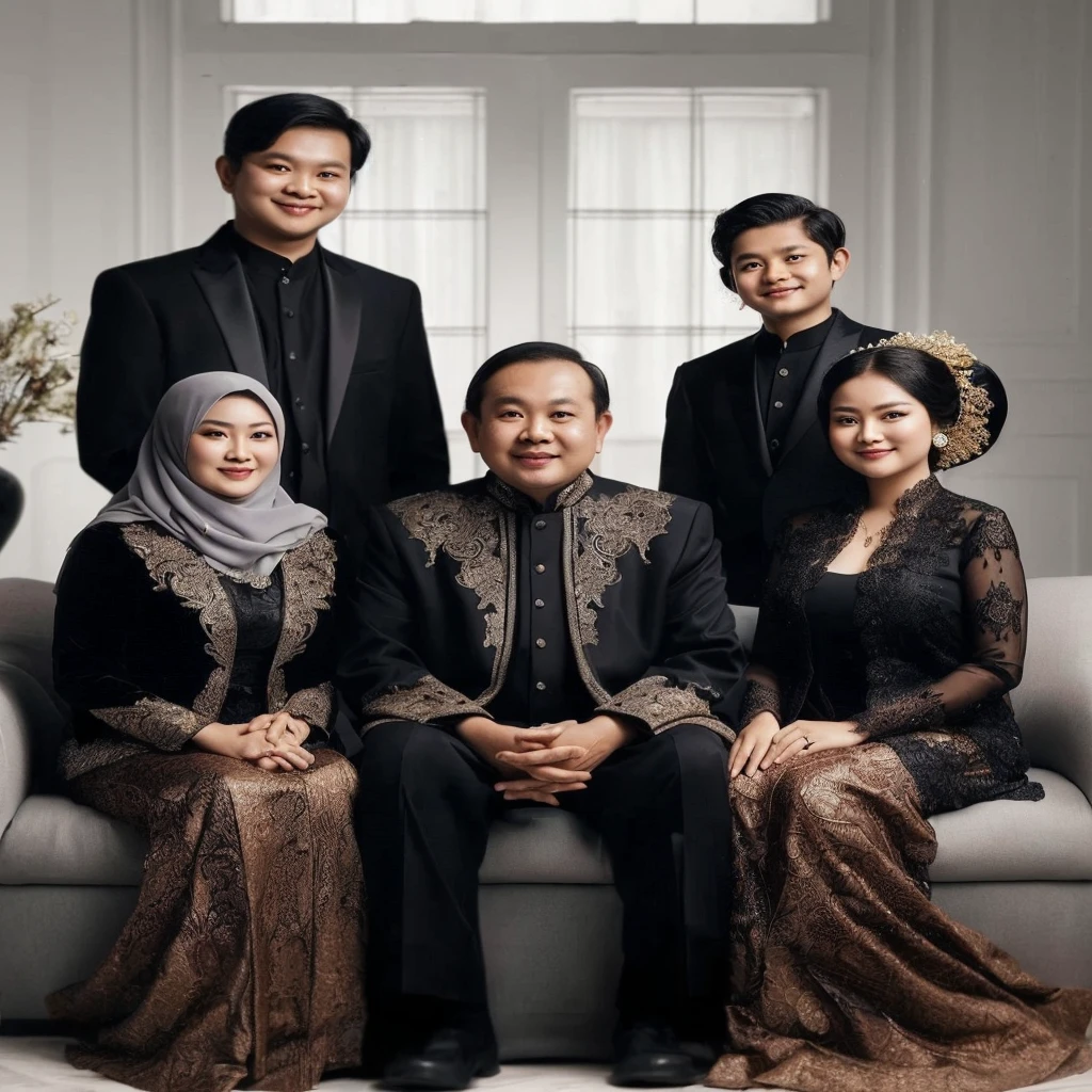 arafed family posing for a picture in formal attire, an indonesian family portrait, barong family, family portrait, full protrait, by Basuki Abdullah, barong family member, happy family, inspired by Basuki Abdullah, potrait, formal attire, portrait shot, protrait, mourning family, in majestic, taken in 2 0 2 0, classic portrait