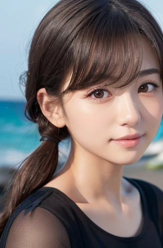masterpiece:1.3), (8K, Realistic, RAW Photos, Best image quality: 1.4), Japanese women、、(Random Hairstyles:1.2)、Highly detailed face、Attention to detail、double eyelid、Beautiful woman:1.4、Light brown hair、Highest quality、masterpiece、Ultra-high resolution、(Realistic:1.4)、Smile with professional lighting and attention to detail、Loose、thin、short hair、Deadly position、Full body image、Ocean、