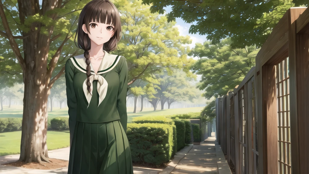 masterpiece, Highest quality, High resolution, aayoshino, , thin, Long Hair, Twin Blade, Brown eyes, Hair that falls over the shoulders, , Sailor collar, neckerchief, Green Shirt, One piece sailor shirt, Long sleeve, Green Skirt, Long skirt, Are standing, Cowboy Shot, Outdoor, White Rose Garden, Person on the right, Shining Face, Slender