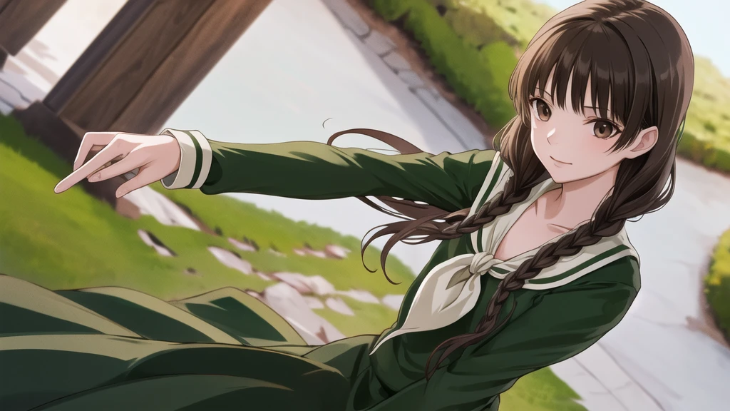 masterpiece, Highest quality, High resolution, aayoshino, , thin, Long Hair, Twin Blade, Brown eyes, Hair that falls over the shoulders, , Sailor collar, neckerchief, Green Shirt, One piece sailor shirt, Long sleeve, Green Skirt, Long skirt, Are standing, Cowboy Shot, Outdoor, White Rose Garden, Person on the right, Shining Face, Slender