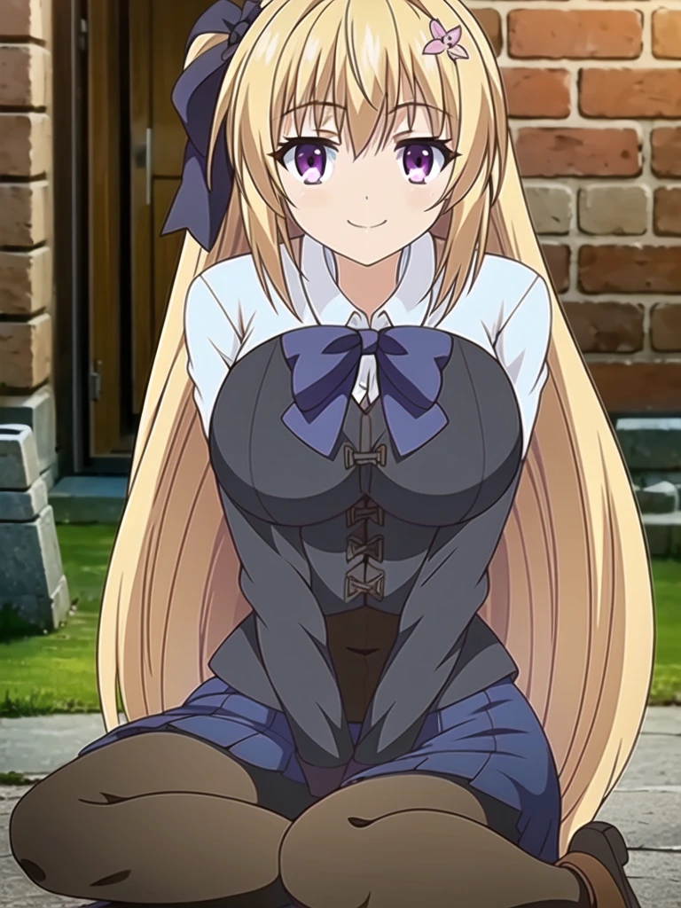 ((Best quality))), ((Ultra-detailed)), ((illustration)), ((Disheveled hair)), ((frilld)), (1 girl), (Solo), 1girl, brick_wall, flower, looking_at_viewer, solo, rating:safe, bangs, black_bow, black_footwear, black_gloves, blue_bow, blue_shirt, blue_skirt, blunt_bangs, boots, bow, brown_legwear, brown_pantyhose, closed_mouth, clothing, corset, dress_shirt, eyebrows_visible_through_hair, female, footwear, gloves, knee_boots, legwear, long_hair, long_sleeves, miniskirt, pantyhose, shirt, sitting, skirt, smile, straight_hair, very_long_hair, blurry, blonde hair,purple eyes,