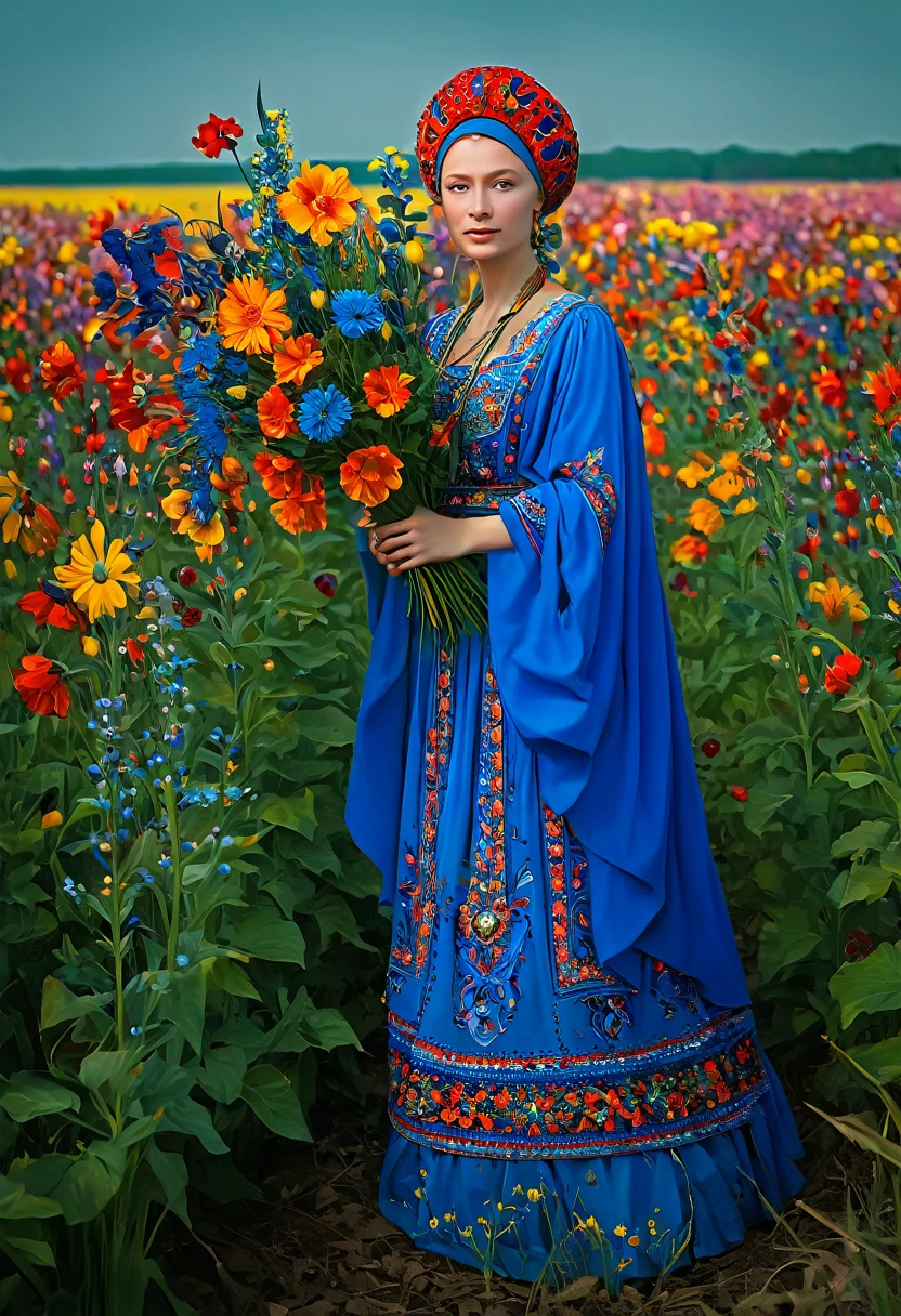 a painting of a woman with a blue vase and flowers, a goddess in a field of flowers, slavic folk fairytale, covered with flowers, woman in flowers, persephone in spring, ukrainian national clothes, art deco flower shaman, ukrainian girl, turban of vibrant flowers, ukrainian national costume, in a field with flowers, slavic style, the goddess of autumn harvest, masterpiece, best quality, (extremely detailed CG unity 8k wallpaper), (best quality), (best illustration), (best shadow), absurdres, realistic lighting, (Abyss), beautiful detailed glow, art by PeterMohrBacher,