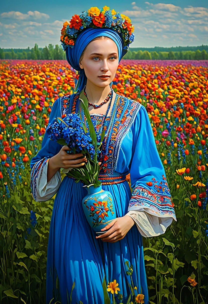 a painting of a woman with a blue vase and flowers, a goddess in a field of flowers, slavic folk fairytale, covered with flowers, woman in flowers, persephone in spring, ukrainian national clothes, art deco flower shaman, ukrainian girl, turban of vibrant flowers, ukrainian national costume, in a field with flowers, slavic style, the goddess of autumn harvest, masterpiece, best quality, (extremely detailed CG unity 8k wallpaper), (best quality), (best illustration), (best shadow), absurdres, realistic lighting, (Abyss), beautiful detailed glow, art by PeterMohrBacher,