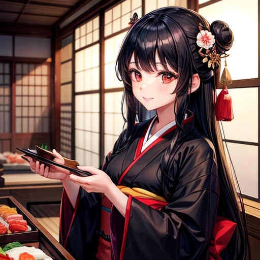 A woman with long black hair wearing a kimono is making sushi