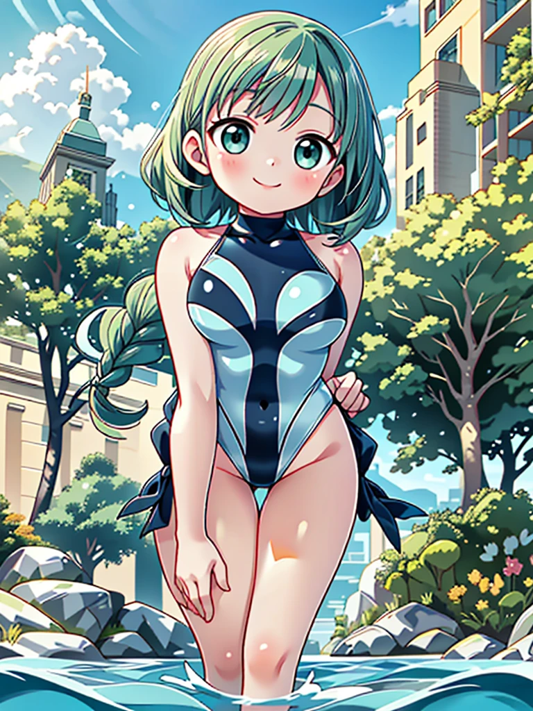 Highest quality, masterpiece, Ultra-high resolution, (Realistic:1.4), RAW Photos, Intricate details, Big beautiful eyes, Perfect contours, masterpiece, One Girl, (()), Braided Bob, (perky breasts:1.3, high breasts:1.3), curvy waist:1.5, Competitive swimmer, (one piece:1.5, turtleneck,Sleeveless swimsuit), Clear metallic green swimsuit:1.5, 　Thin and tight high leg swimsuit:1.4, ((shoot from below:1.3)), Portraiture, View your viewers, Outdoor swimming pool, Partially submerged, Wet Skin, smile, (Underarm)