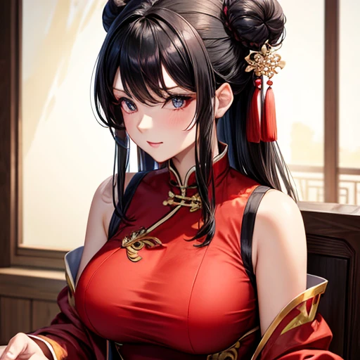 Mature Woman Red Chinese Dress Making meat buns Large Breasts Black Hair