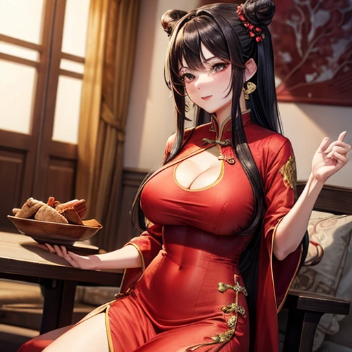 Mature Woman Red Chinese Dress Making meat buns Large Breasts Black Hair