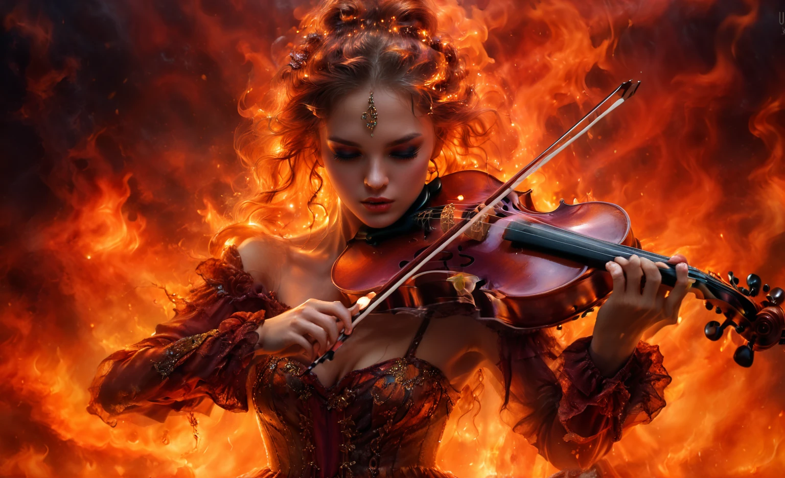 a close up of a woman in a dress playing a violin, fantasy violin, (fantasy violin), karol bak uhd, epic music album cover, the dark queen, flames surround her, tomasz alen kopera and cgsociety, 8 0's style tomasz alen kopera, portrait shot, dramatic artwork, by Zlatyu Boyadzhiev