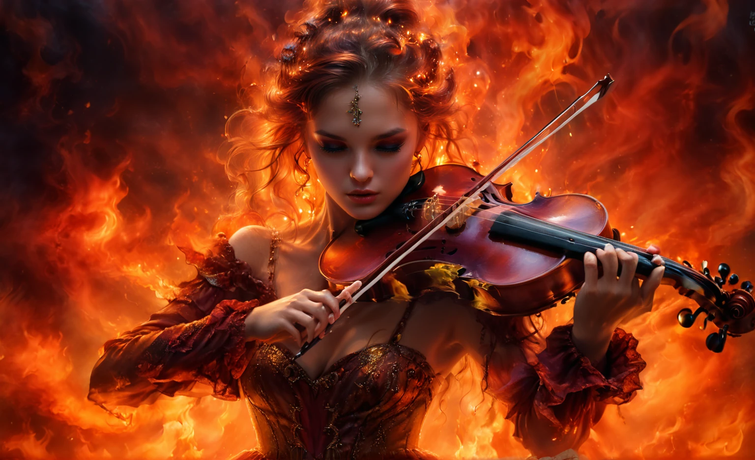a close up of a woman in a dress playing a violin, fantasy violin, (fantasy violin), karol bak uhd, epic music album cover, the dark queen, flames surround her, tomasz alen kopera and cgsociety, 8 0's style tomasz alen kopera, portrait shot, dramatic artwork, by Zlatyu Boyadzhiev