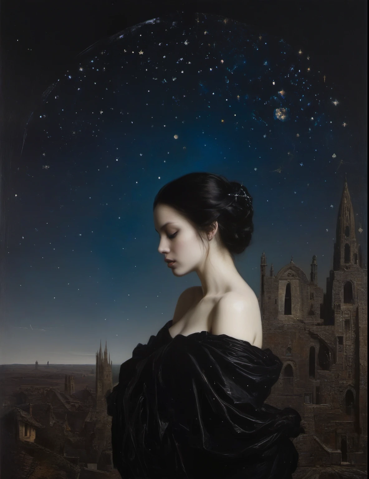 James Gurney, Surrealist art , dream-like, mysterious, Provocative, symbolic, Complex, detailed,, (Gothic but very beautiful:1.4), (masterpiece, Highest quality:1.4) , Nicola Samori Style, Starry Sky、woman、I