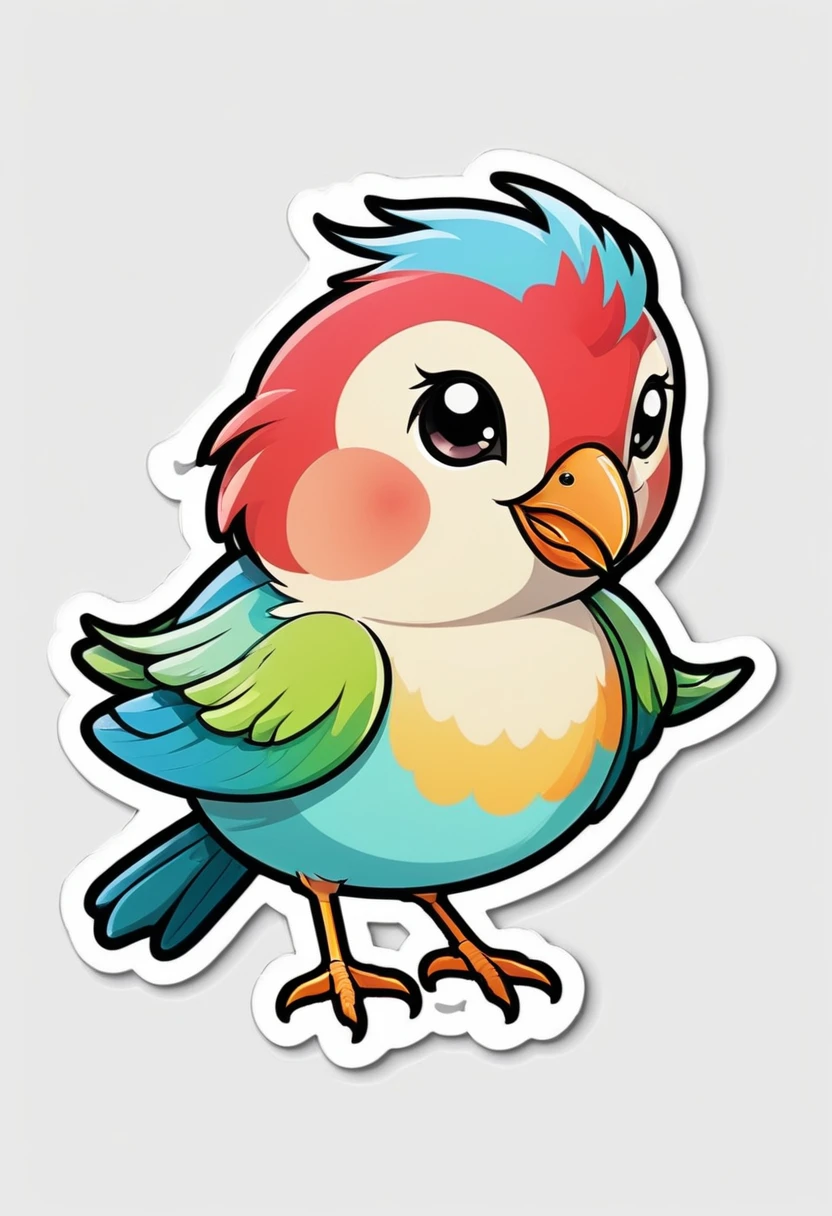 sticker, happy colored bird, Chibi style, outline, vector, white background