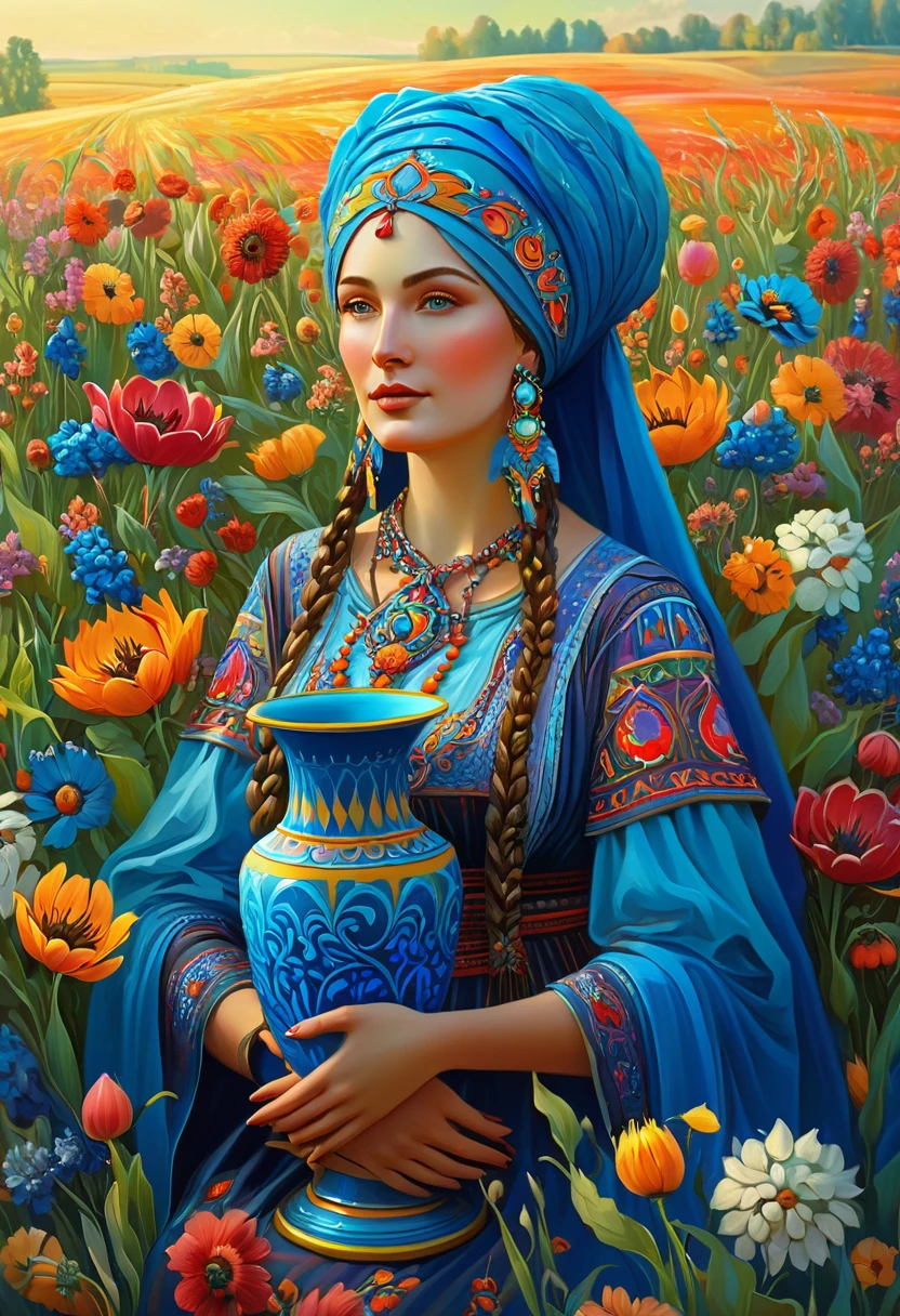 a painting of a woman with a blue vase and flowers, a goddess in a field of flowers, slavic folk fairytale, covered with flowers, woman in flowers, persephone in spring, ukrainian national clothes, art deco flower shaman, ukrainian girl, turban of vibrant flowers, ukrainian national costume, in a field with flowers, slavic style, the goddess of autumn harvest, masterpiece, best quality, (extremely detailed CG unity 8k wallpaper), (best quality), (best illustration), (best shadow), absurdres, realistic lighting, (Abyss), beautiful detailed glow, art by PeterMohrBacher,