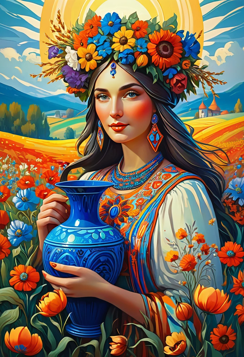 a painting of a woman with a blue vase and flowers, a goddess in a field of flowers, slavic folk fairytale, covered with flowers, woman in flowers, persephone in spring, ukrainian national clothes, art deco flower shaman, ukrainian girl, turban of vibrant flowers, ukrainian national costume, in a field with flowers, slavic style, the goddess of autumn harvest, masterpiece, best quality, (extremely detailed CG unity 8k wallpaper), (best quality), (best illustration), (best shadow), absurdres, realistic lighting, (Abyss), beautiful detailed glow, art by PeterMohrBacher,