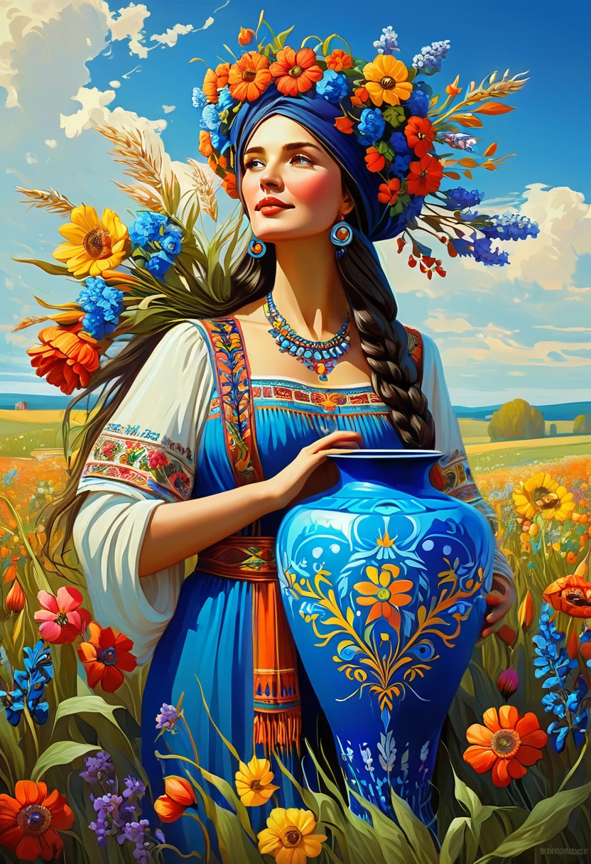 a painting of a woman with a blue vase and flowers, a goddess in a field of flowers, slavic folk fairytale, covered with flowers, woman in flowers, persephone in spring, ukrainian national clothes, art deco flower shaman, ukrainian girl, turban of vibrant flowers, ukrainian national costume, in a field with flowers, slavic style, the goddess of autumn harvest, masterpiece, best quality, (extremely detailed CG unity 8k wallpaper), (best quality), (best illustration), (best shadow), absurdres, realistic lighting, (Abyss), beautiful detailed glow, art by PeterMohrBacher,