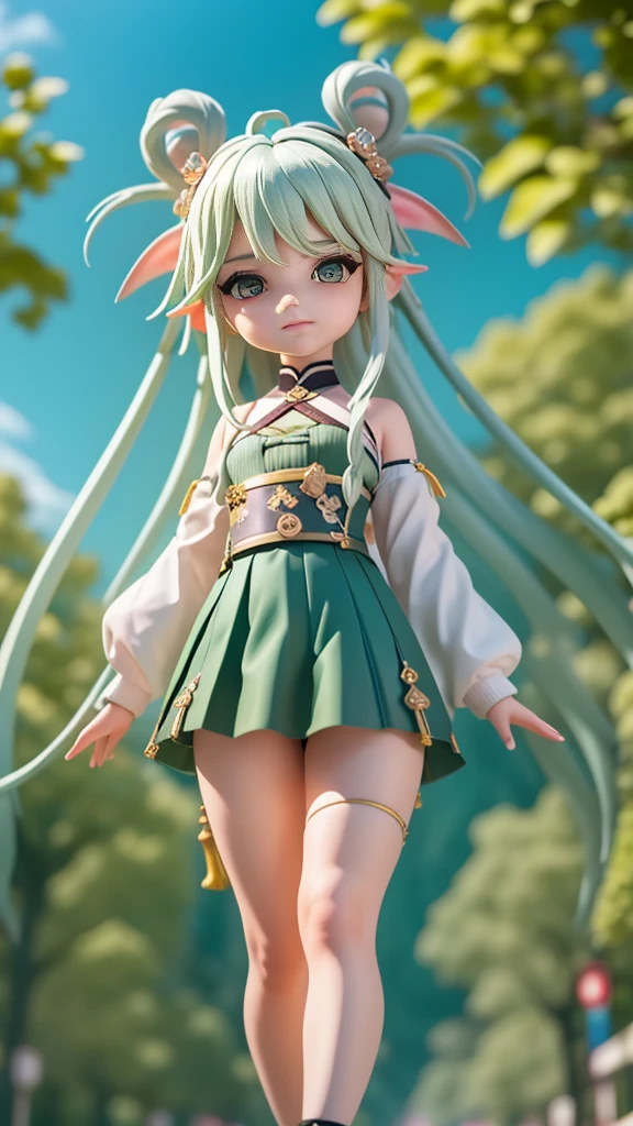 masterpiece , Highest quality,Nahida(Genshin Impact) ,One girl , Small breasts,Long Hair ,Side Ponytail, hair ornaments , Gray Hair , Green Hair , Place your hands behind your head:1.5,Multicolored Hair, Fairy , Pointed Ears ,  , skirt ,cardigan,road , street,Looking at the audience