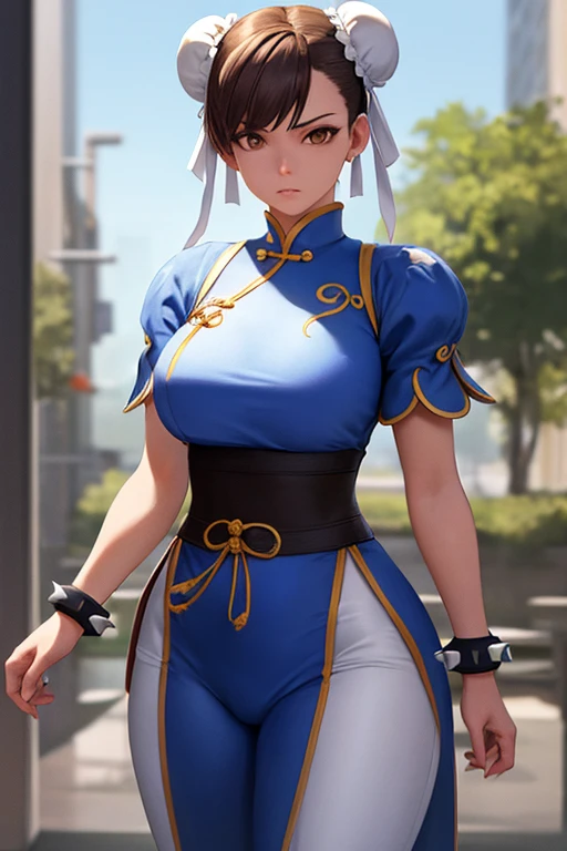 perfect eyes:1.2, detailed eyes:1.4, Chun Li, red eyeshadow:1.2, make up:1.2, white obi, qipao, nature, tree, brown eyes, short hair, brown hair, double bun, bun cover, blue dr.Ess, pelvic curtain, spiked bracelet, white sash, brown pants, cowboy shot, 1 girl, alone, (Masterpiece:1.6, best quality), 8k, crazy detail, intricate detail, hyper detailed, hyper quality, high detail, ultra detailed, professional, HDR, ray traced reflection, cinematic lighting,