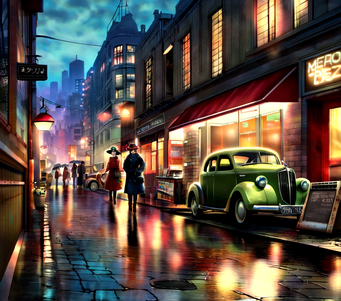 Old Cars, Busy pedestrians, Lively atmosphere, Tall buildings, reflection in puddle, City skyline, Urban decay, Graffiti, Cobblestone Street, Retro店面, Smoggy streets, Rainy Day, Neon, Motion Blur, Street vendors, Metro entrance, Steam coming out of the manhole cover, display, Jazz music, IconicLandmarks, art deco buildings, Retro时尚, Retro, Bustling cafe, Street Performers, heavy traffic, brick buildings, Fire exits, Old-fashioned lampposts, Retro自行车, stylish hat, newsstand, Bustling market, car, Rusty Metal, Cityscape at dusk, Shadows and Highlights, Brick Wall, Cast iron door, Old telephone booth, aged texture, typewriter, Vinyl Records, Wooden bench, Street Lights, Fashion boutiques, nostalgic vibes,Front view,front