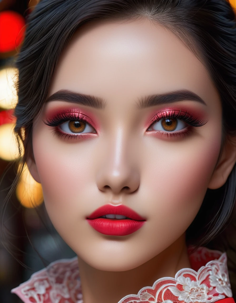 Divide Ratio : 1,1,1 Base Ratio: photorealistic in 32K quality, Fantasy, Artistic, A delicate fairy with mature features, puffy lips, and stunning realistic eyes, (ultra absurd quality, extremely detailed detail, ultra resolution, clear sharp focus, not blurry, (Realistic brown_eyes:1.3))), perfect dark_eyeshadows:1.2, a (girl 22-year-old),fashion supermodel,(best high quality real texture skin:1.4),(ebony skin female),(best quality texture hair:1.4),BREAK,((black hair (slicked to the side) Intricately detailed:1.35)),night((outside,in the Chinatown at night:1.3)),(best high quality:1.4),(soft neon lighting on the face and body),(perfect proportions),(anatomically correct),(perfect female body:1.4),(firm big full breasts:1.4),slim face,beautiful cheekbones,((slim,swell-muscled body:1.3)),(Insanely beautiful face),(realistic face),(Insanely detailed face),((super realistic sharp-eyes)), (tired and sleepy and satisfied:0.0), (close up of a woman's eyes), perfect round eyes, finely detailed pupils,BREAK,detailed lips:1.3,(pink_makeup:1.35),(red_lipstick:1.28),(perfect dark_eyeshadows:1.3),(Insanely detailed makeup on eyes:1.3), iridescent eyes, with professional makeup, vibrant eyes:1.2, (Detailed nose:1.2),BREAK,((Insanely detailed red((cut jacket cute)) wear:1.24)),small head:1.4,BREAK,(long white-black lace dress((lace-up dress with Intricately detailed:1.3))),(random u%u top:1.25),exquisite balance of shadows,perfect composition,(shot above the knee:1.3),look at the viewer,(from below:1.3),((show high exposed thighs:1.3)), Hasselblad, 85mm f/4.0, ( ((cowboy shot:1.3))),