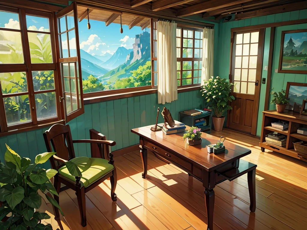 Create a Studio Ghibli-inspired study room with natural wooden furniture, vintage accessories, and plenty of indoor plants and flowers. Use a natural color palette for walls and floors, incorporating wooden flooring and wall art inspired by Ghibli films. Install large windows to showcase a mountain view with greenery, complemented by natural fabric curtains or wooden blinds. Add handmade objects, art supplies, and a comfortable seating area to complete the cozy and inspiring atmosphere.