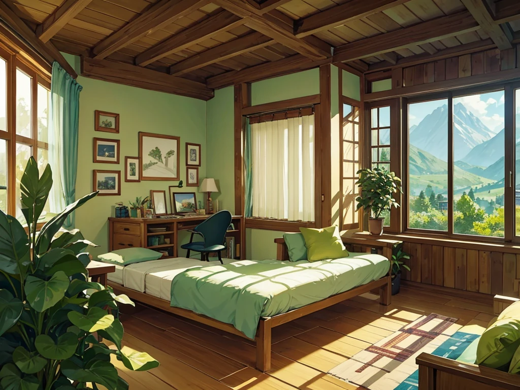 Create a Studio Ghibli-inspired study room with natural wooden furniture, vintage accessories, and plenty of indoor plants and flowers. Use a natural color palette for walls and floors, incorporating wooden flooring and wall art inspired by Ghibli films. Install large windows to showcase a mountain view with greenery, complemented by natural fabric curtains or wooden blinds. Add handmade objects, art supplies, and a comfortable seating area to complete the cozy and inspiring atmosphere.