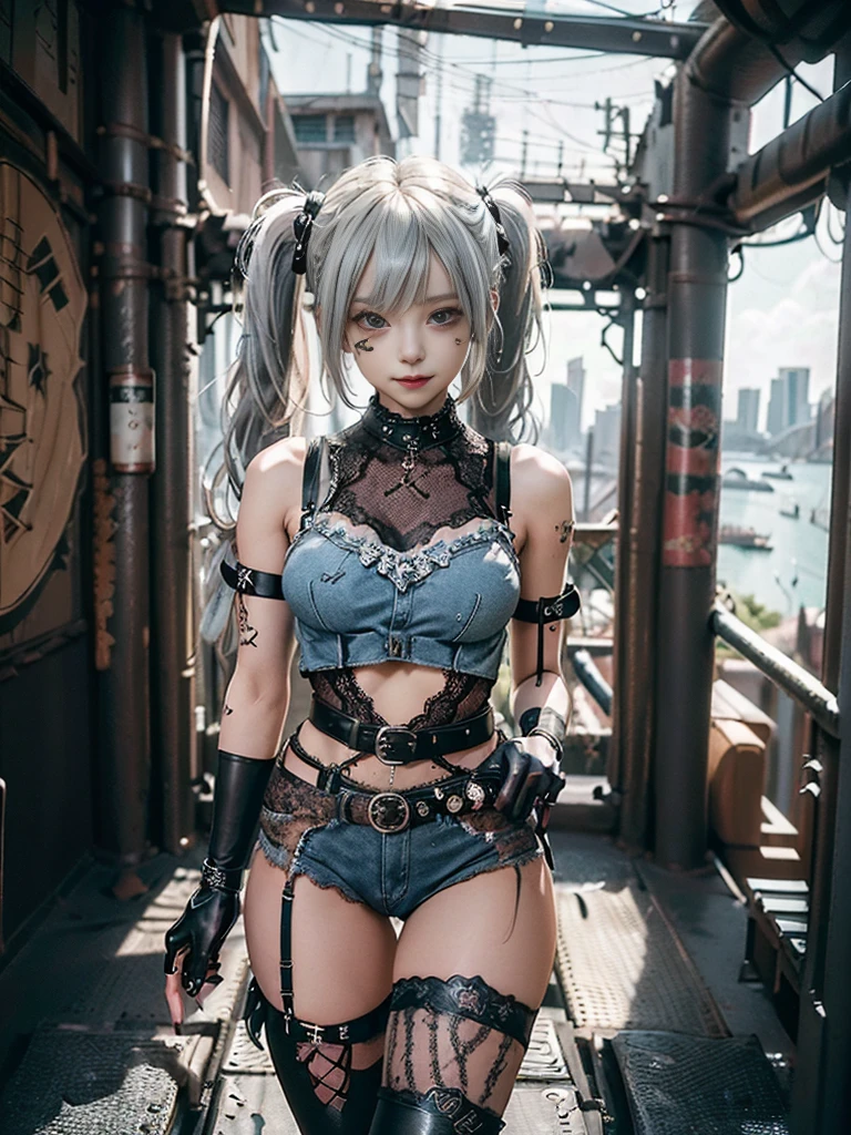 (Full Body View:1.3)、(Side view:1.1)、(Wearing a thong:1.4)、(Accentuate your butt:1.3)、(Smiling with teeth showing:1.3),(Shibuya Gal:1.5)、(Neo-goth style fashion:1.5)、(Punk RockVisual Kei:1.4)、(A high-leg bodysuit in a delicate design of denim, silver and black:1.5)、(Denim, black gloves and sailor shirt:1.5)、(Denim high heels:1.3)、(Wearing silver accessories:1.5)、(Denim collar:1.4)、(Black Leather Garter Belt:1.4)、(Brown Skin Belt:1.3)、(Black lace underwear:1.5)、20-year-old、NSFW、((Highest quality、In 8K、masterpiece:1.3))、Sharp focus:1.2、(Layered Cut、Huge boobs:1.1),Beautiful woman with perfect figure:1.4、(Dancing vigorously:1.3)、Slender Abs:1.2、Highly detailed face and skin texture、Detailed eyes、double eyelid,(Twin tails:1.3)、(Cream colored hair:1.3)、Gravure idol、(The Caribbean cityscape in the background:1.3)、(Slim body:1.3),(Make your legs thinner:1.4),（clavicle:1.1）