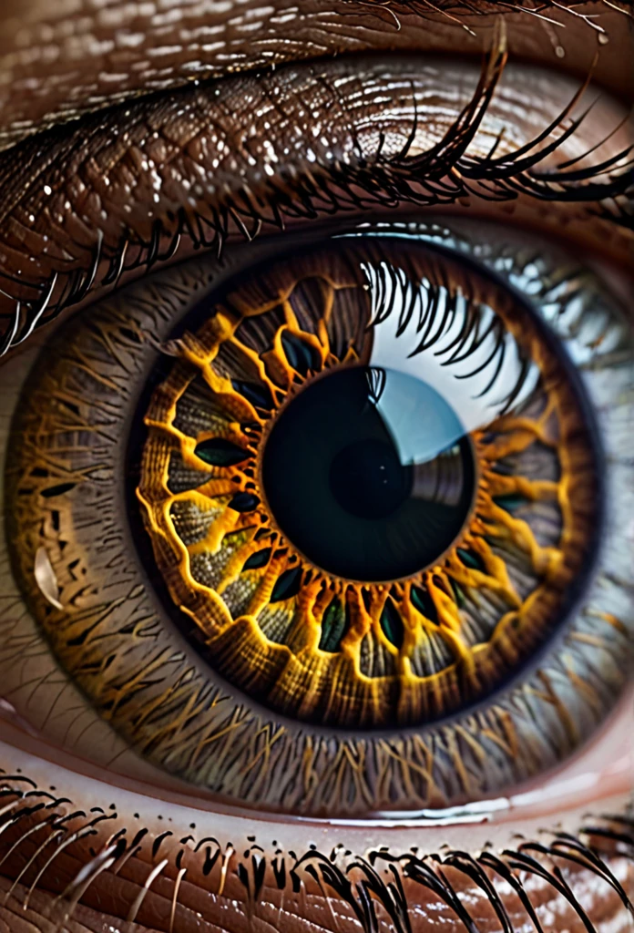 A brown eye iris close-up, 8k
