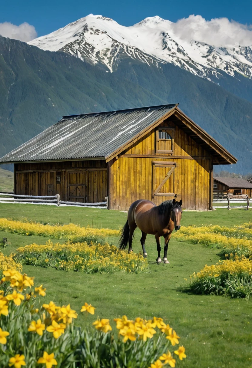 A brown wooden barn with a green roof in a lush green field of yellow flowers. There is a horse grazing in the foreground and snow-capped mountains in the background. The barn is made of wood and has a large door in front. The roof is green and has a slight坡度. The field is full of yellow flowers and there is a small stream running through it. The horse is brown and has a black mane and tail. It is grazing on the grass and looking at the camera. The mountains in the background are covered in snow and there are clouds in the sky. The image has a warm and inviting atmosphere.